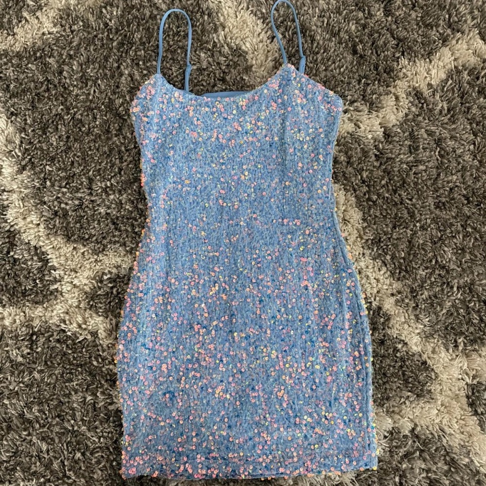 Blue Sequin Mini Dress with Spaghetti Straps